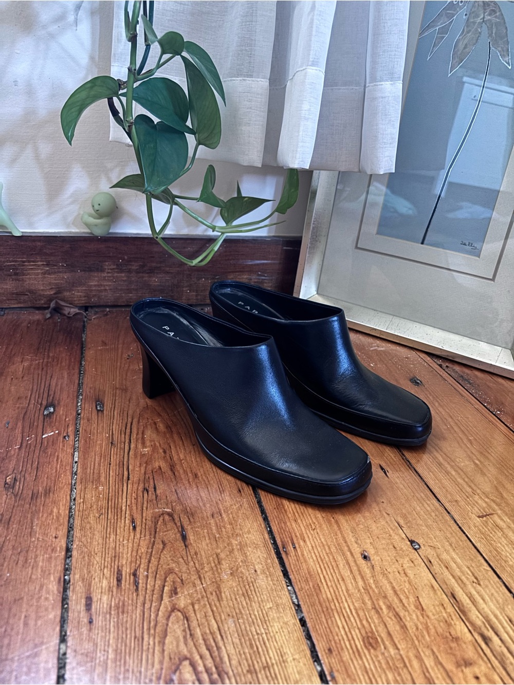 Black Leather Slip-On Mule Heels by - Minimal Block Heel Mules